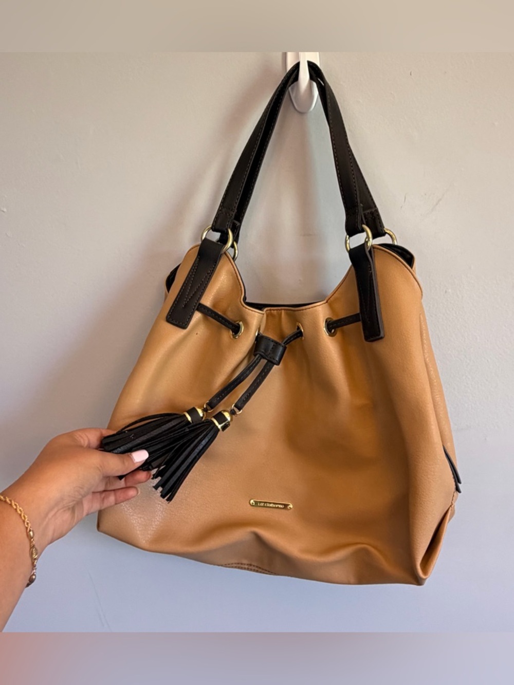 Liz Claiborne Tan and Black Tassel Drawstring Hobo